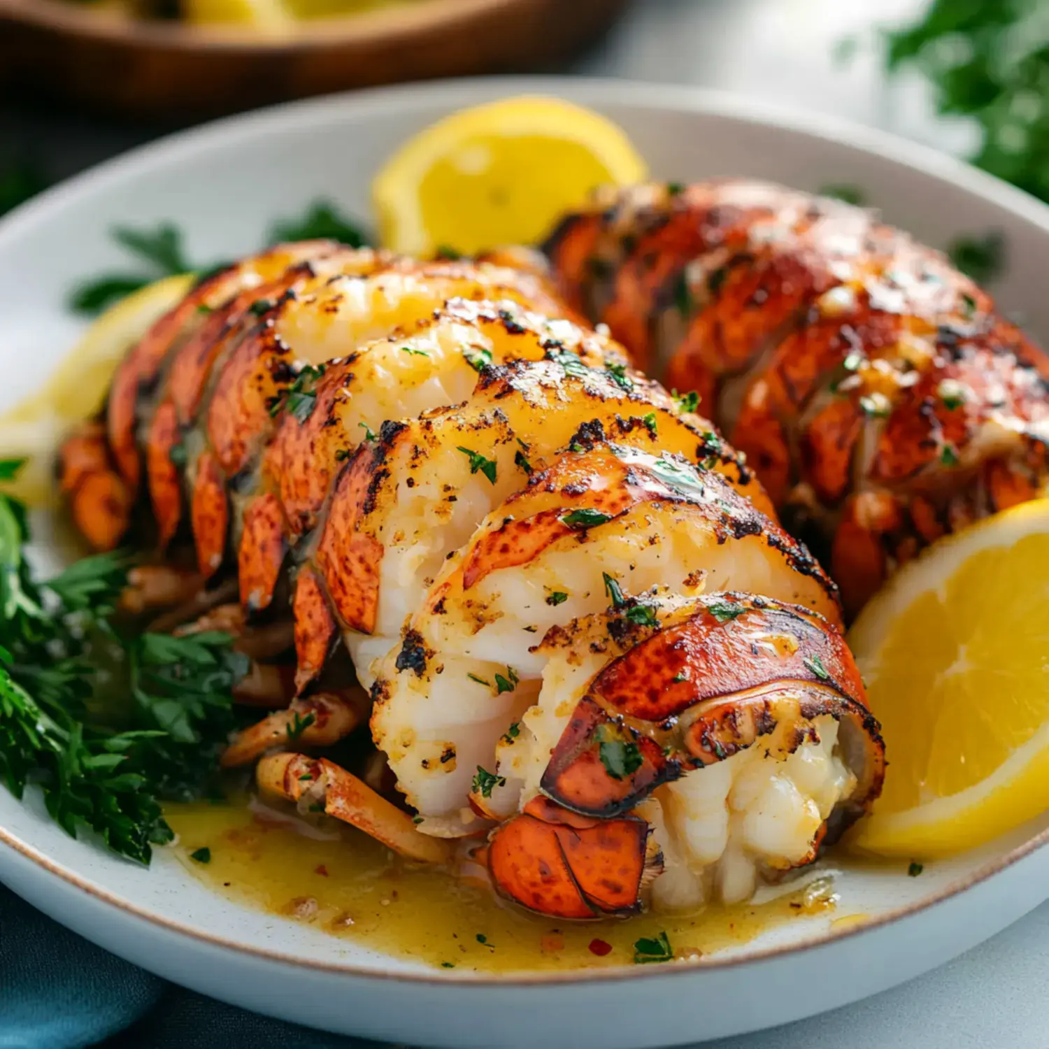 Browned lobster tails plated with lemon and parsley garnish.