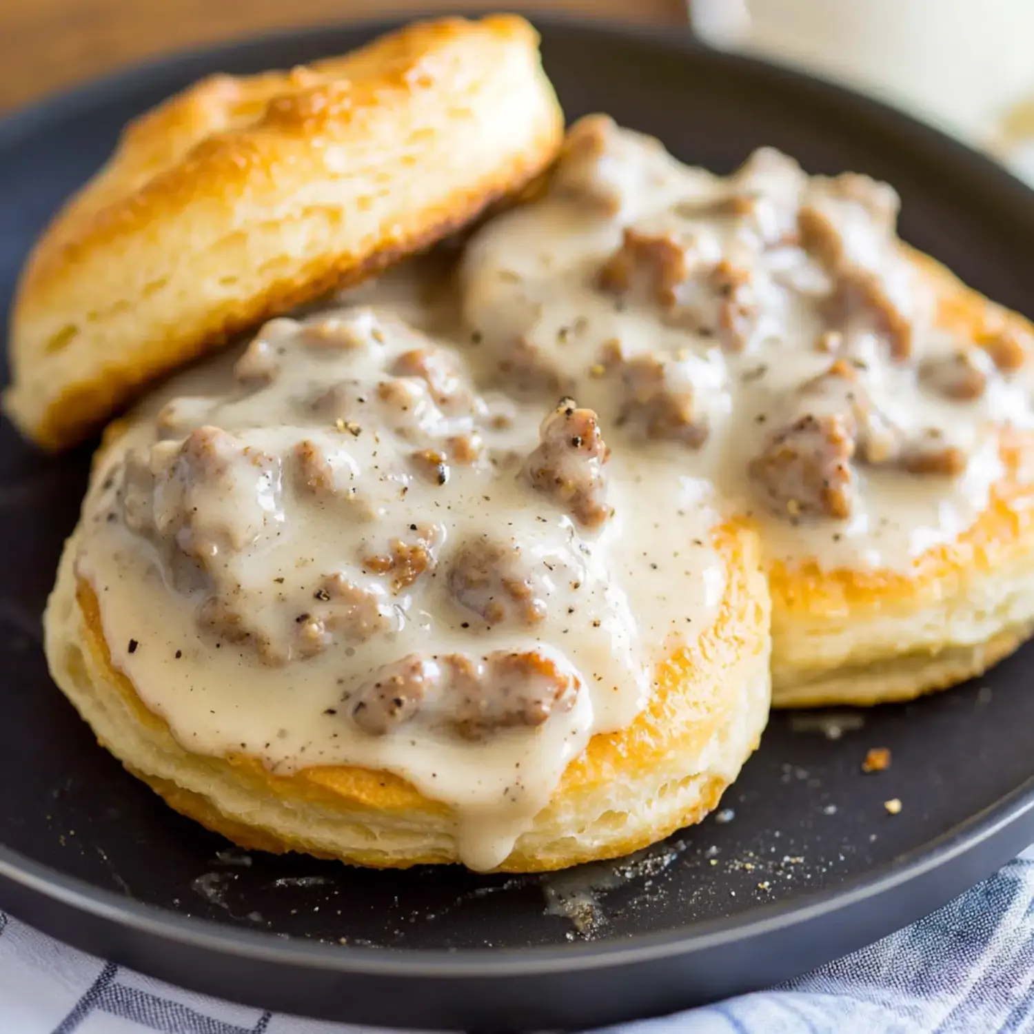 Warm biscuits smothered in creamy sausage gravy served on a plate.