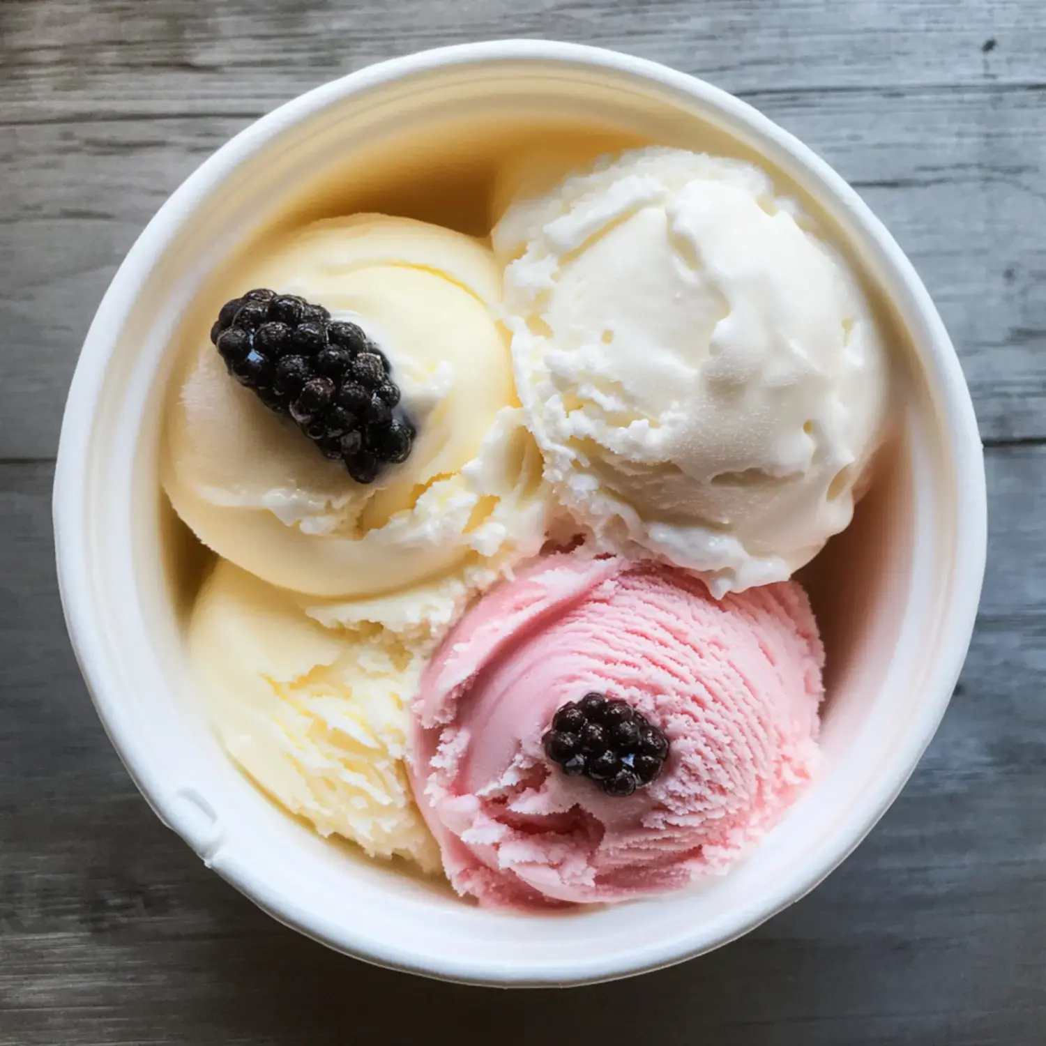 Three scoops in a bowl: pink, white, and yellow ice cream, each with a blackberry garnish on top.