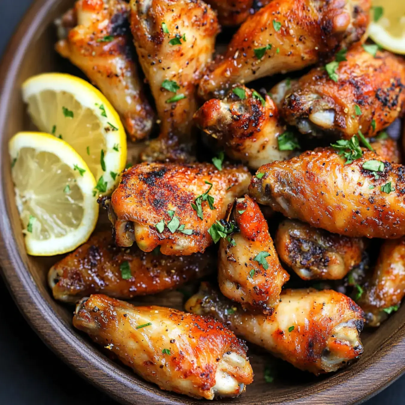 Golden, crispy chicken wings in a bowl, topped with fresh herbs and served with lemon slices.