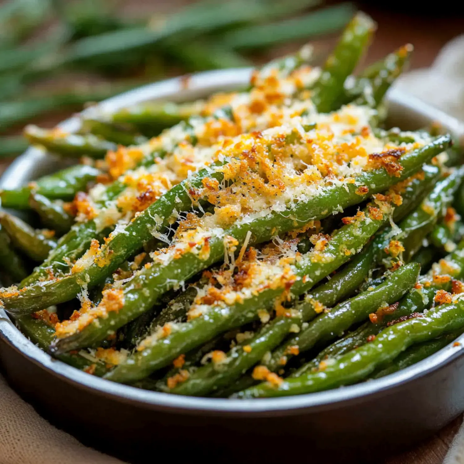 Baked green beans with crispy crumbs and cheese on top.