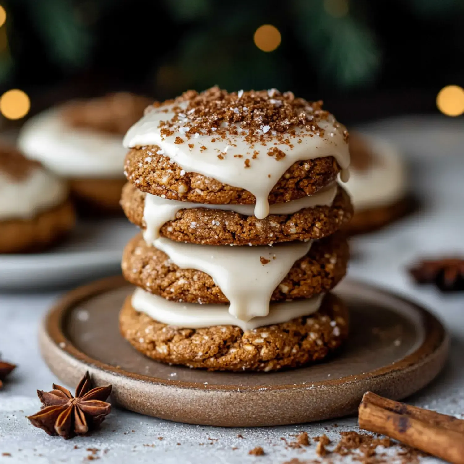 Four iced cookies stacked on a gray plate surrounded by cinnamon sticks and star anise.