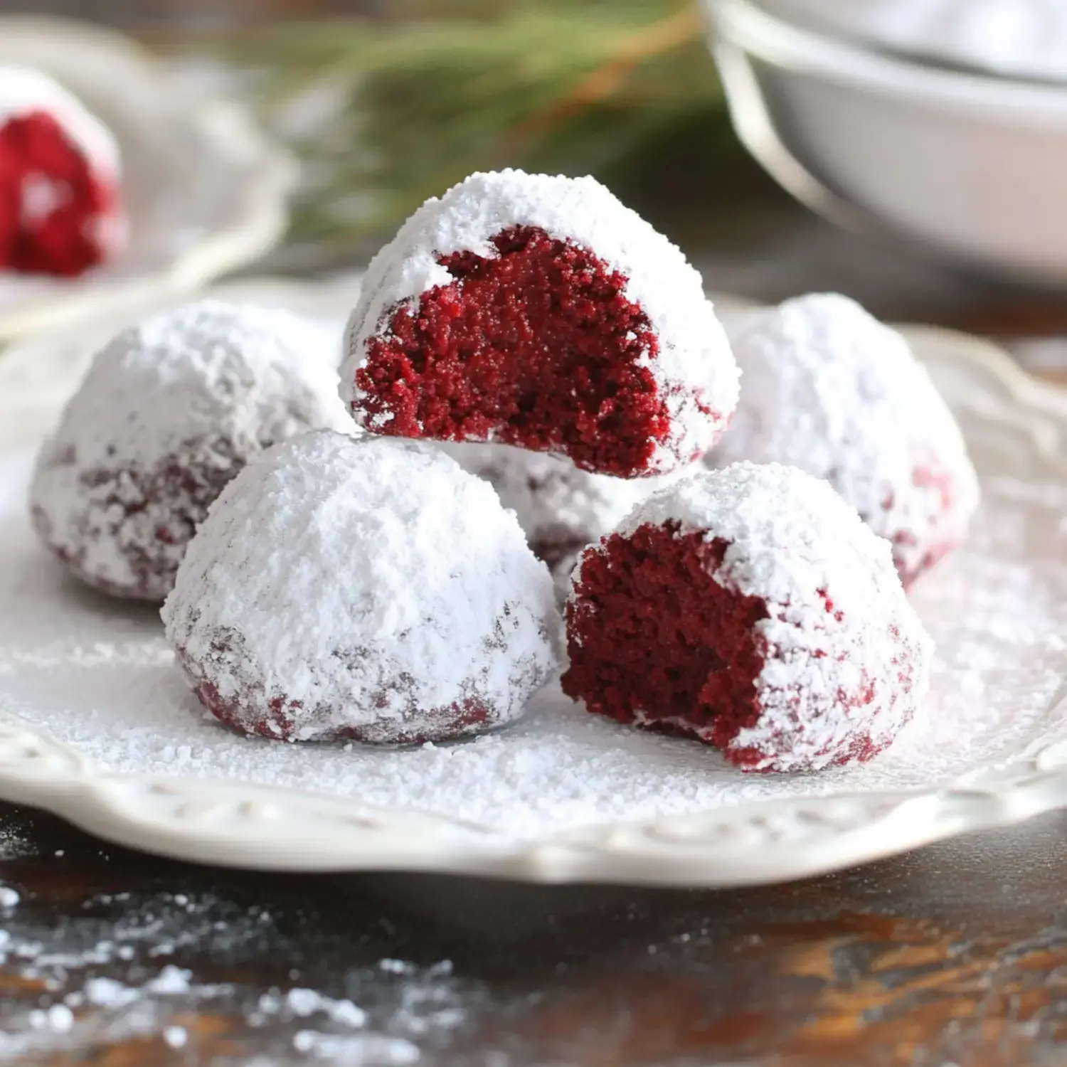 A handful of powdered red velvet cookies on a plate, with one cookie bitten to show a soft middle.