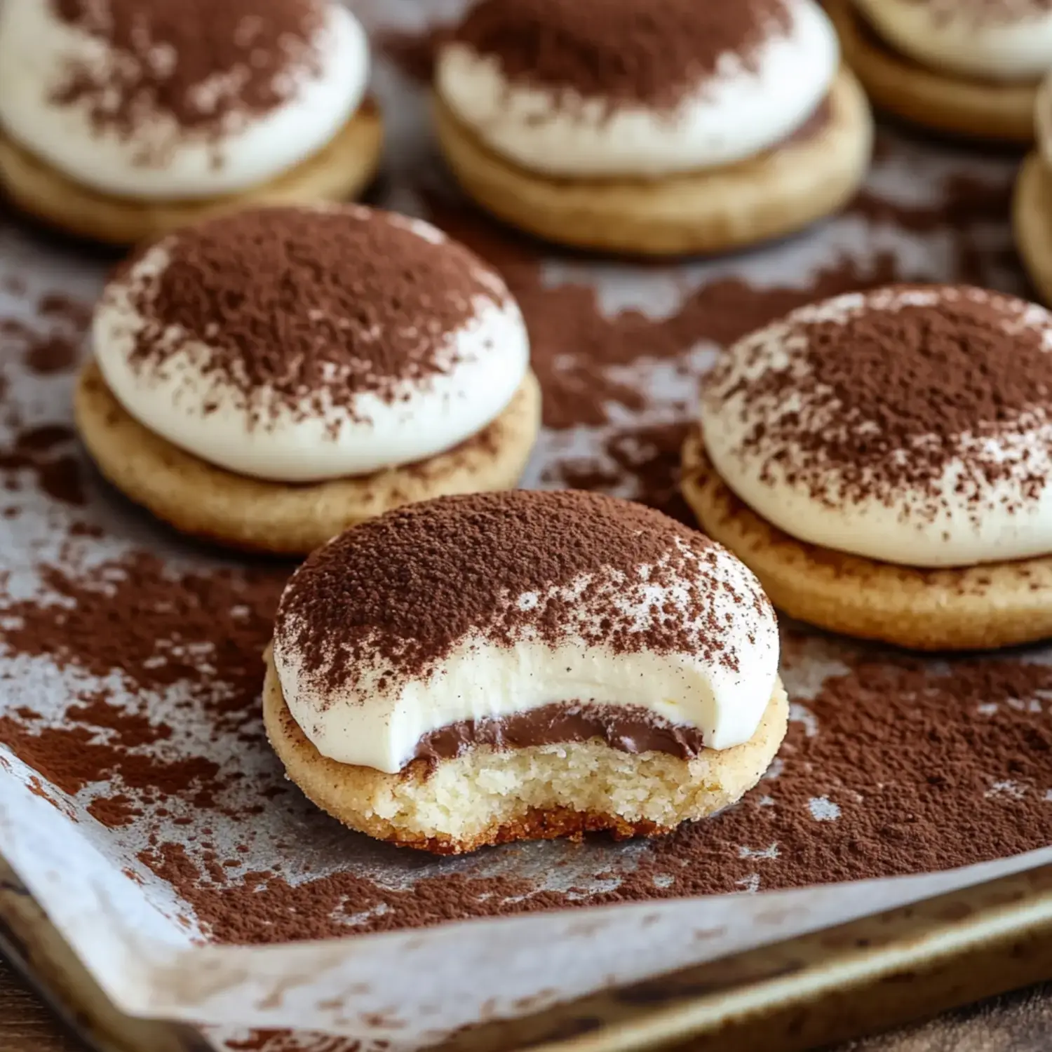 Close-up view of espresso cookies with creamy topping and cocoa dusting. One cookie has a bite showing inside.