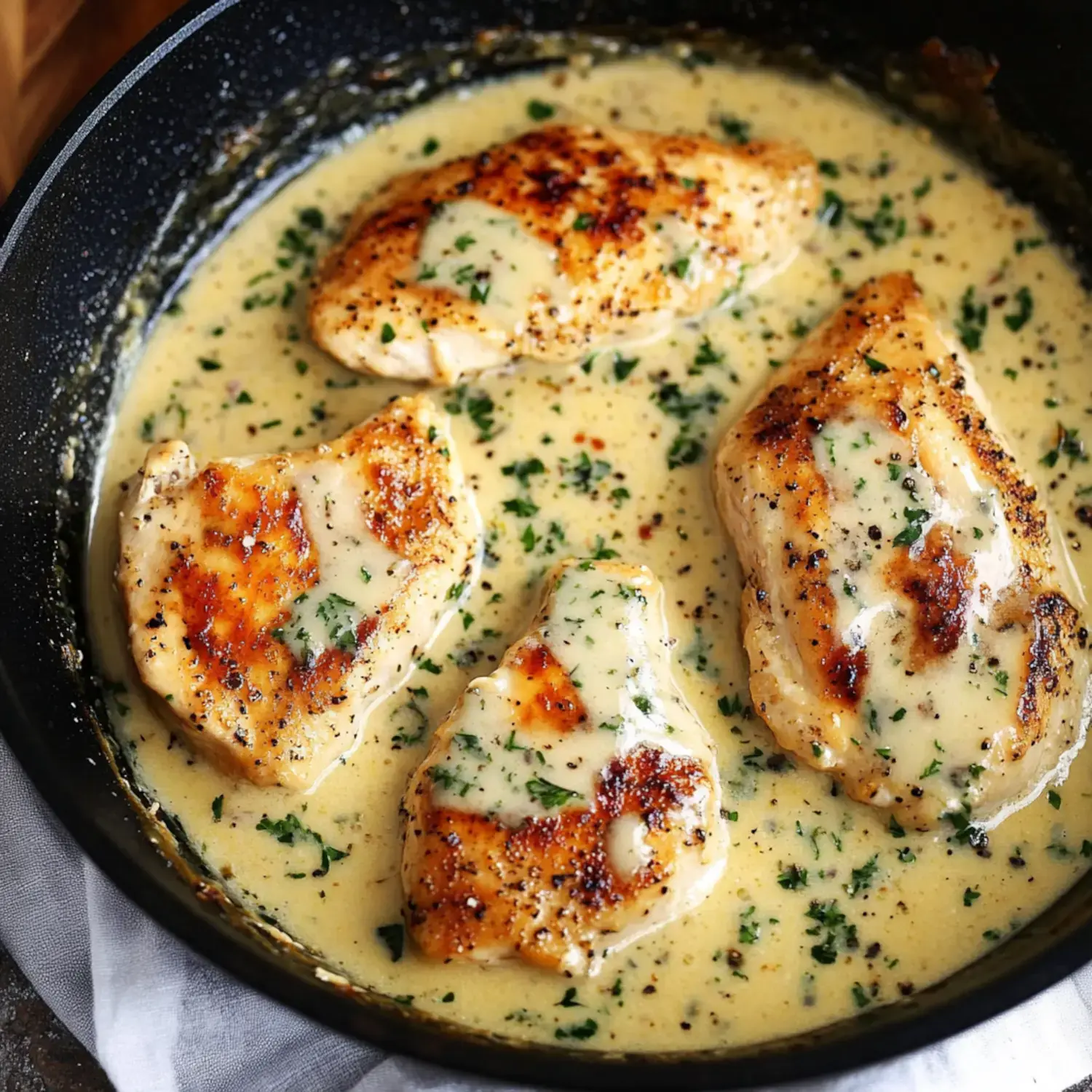 A pan containing four golden-brown chicken pieces swimming in creamy sauce, topped with fresh herbs.