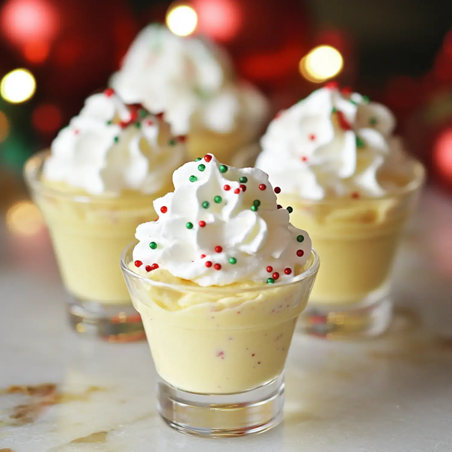 Three festive dessert cups filled with yellow cream topped with whipped cream and colorful holiday sprinkles.