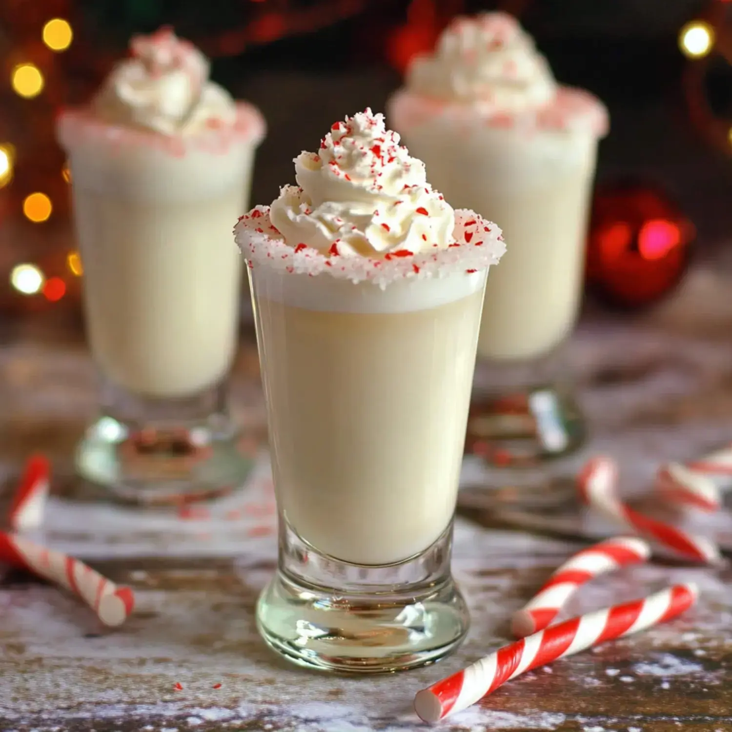 Three festive glasses of creamy white drinks topped with whipped cream and red candy sprinkles, surrounded by scattered candy canes, against a warm, twinkling background.