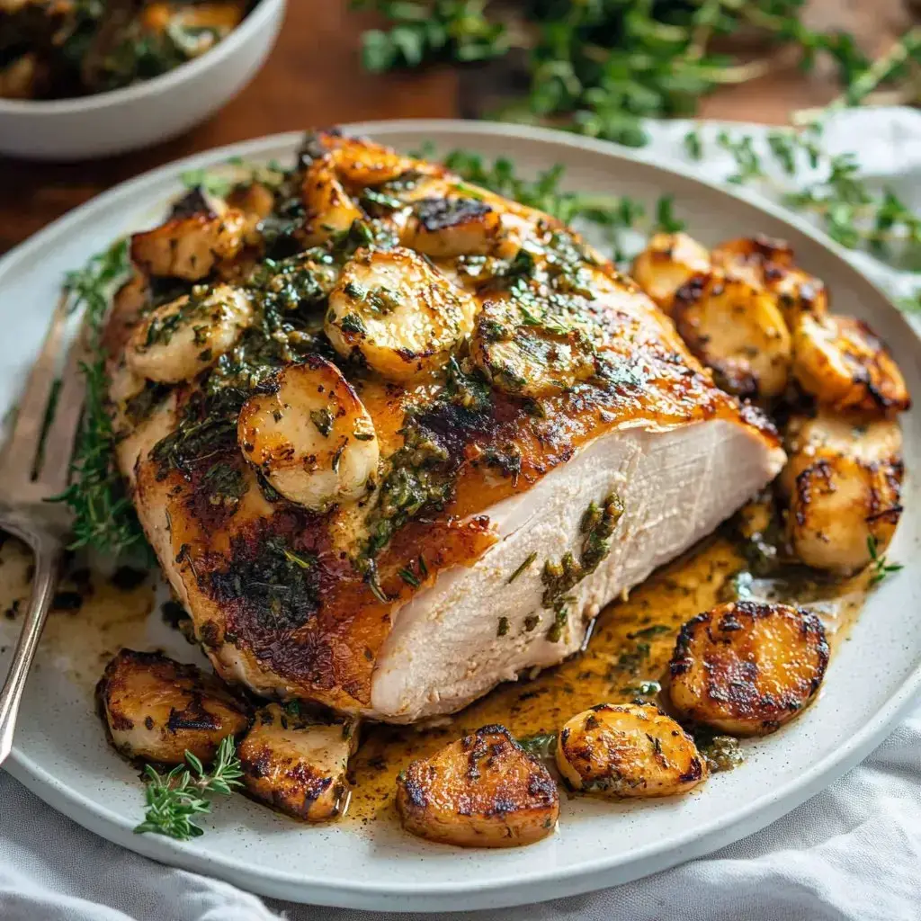 Golden turkey breast with herbs, served next to crispy potatoes on a white plate.