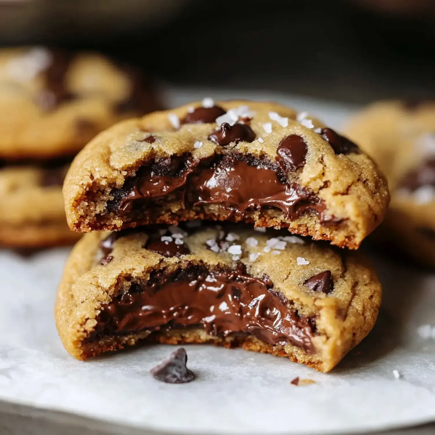 A freshly baked chocolate chip cookie broken in half showing a runny chocolate middle, sprinkled with some sea salt crystals.