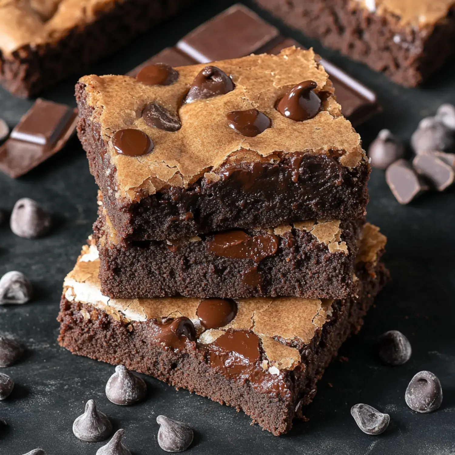 A pile of gooey, chocolate-packed brownie squares topped with melty chips and scattered chocolate chunks around them.