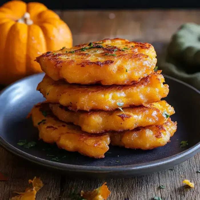 A plate of golden pumpkin fritters with herbs, next to a small orange pumpkin.