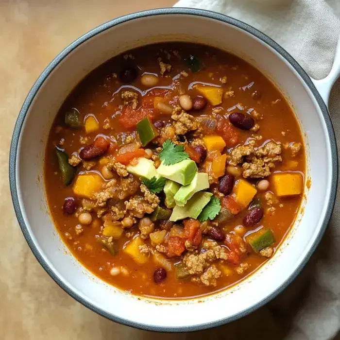 A comforting chili bowl with ground meat, beans, tomatoes, and vegetables, topped with cilantro and avocado.