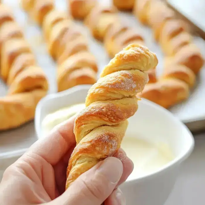 A flaky pastry being held over dipping sauce with others in the back.