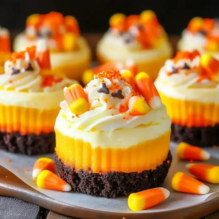 A close-up of layered mini cheesecakes decked out in vibrant orange and yellow shades, finished with candy corn and sprinkles.