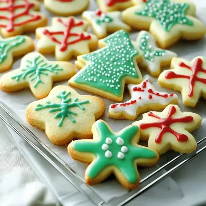 A festive platter of Christmas cookies in shapes like stars, trees, and snowflakes, decorated with colorful icing.