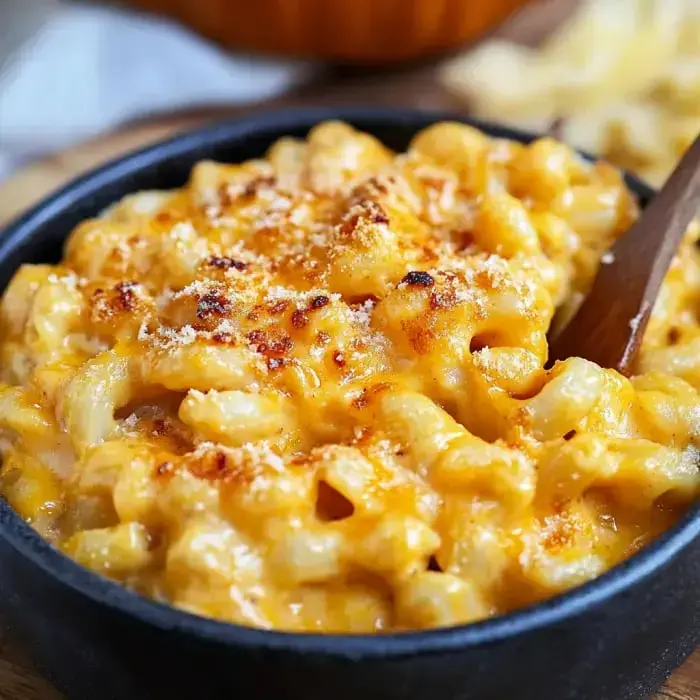 A rich baked mac and cheese served in a bowl, topped with browned, crispy breadcrumbs.
