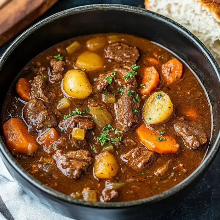 A bowl of rich beef stew filled with carrots, potatoes, and herbs served with bread.