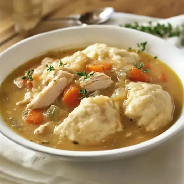 A cozy bowl of dumplings and chicken with fresh herbs, veggies, and a rich broth.