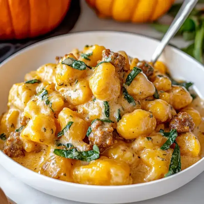 A rich, creamy gnocchi dish with sausage, fresh herbs, and spinach.