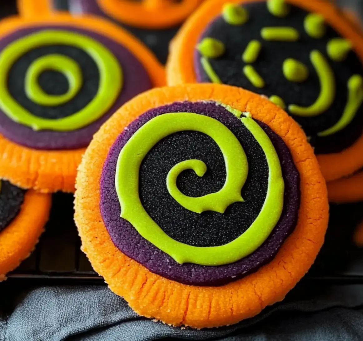 Close-up shot of vibrant cookies with orange, green, and purple icing swirls in a Halloween theme.
