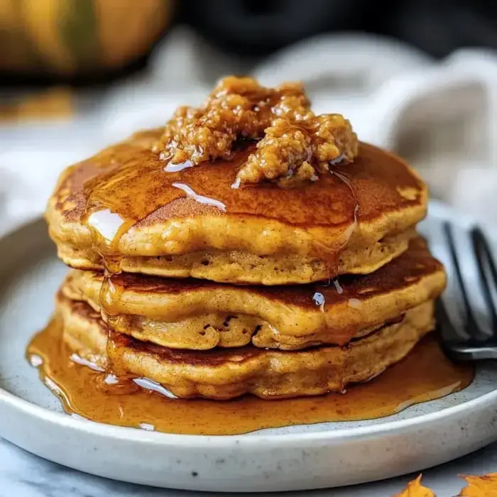 Golden pancakes stacked high with butter and syrup on a simple light-colored plate.