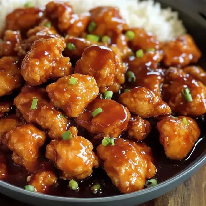 Golden, crispy chicken chunks glazed in sweet-spicy sauce with green onions, served over white rice.