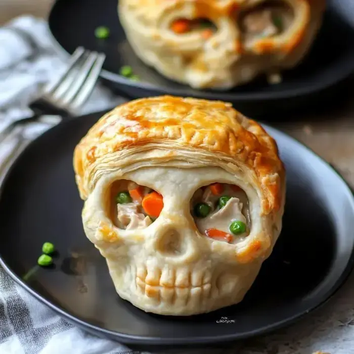 Crispy skull-shaped pastry filled with a hearty mix of chicken and veggies, served on a black plate.