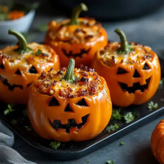 Orange bell peppers carved as jack-o'-lantern faces and filled with baked toppings, served with green accents.