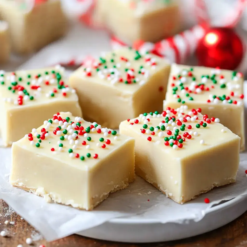 A close-up of festive white fudge squares topped with red, green, and white sprinkles, surrounded by holiday decorations.