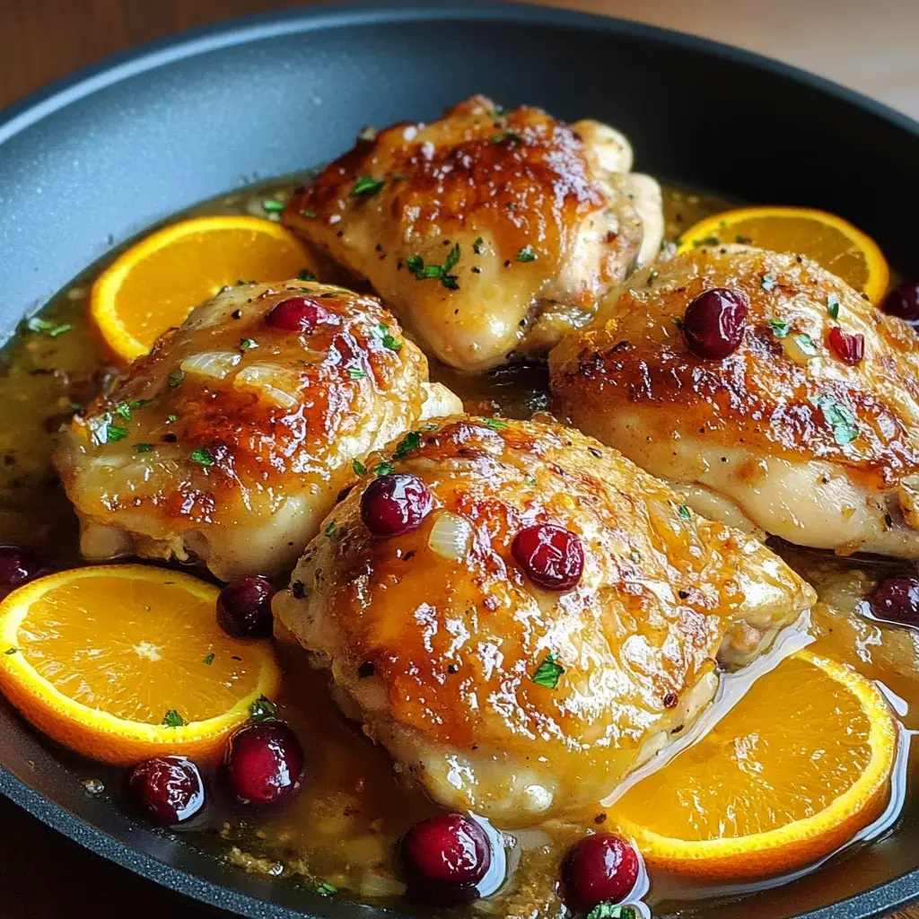 A close-up of succulent chicken thighs garnished with cranberries and orange slices in a flavorful sauce.