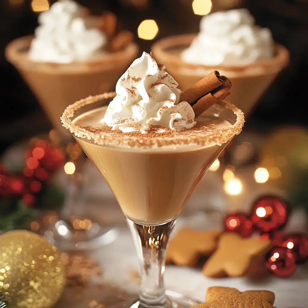 A festive cocktail with whipped cream, a cinnamon stick, and a decorative rim, presented in a martini glass, surrounded by holiday decorations.