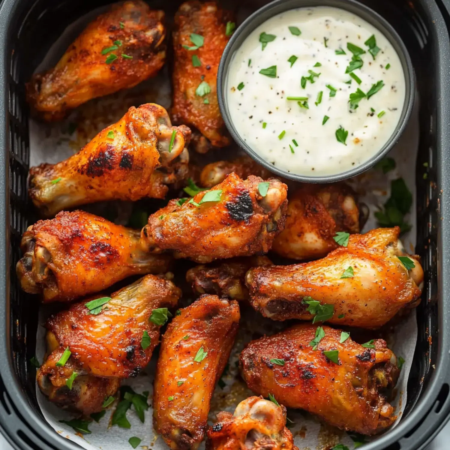 A platter of crispy chicken wings garnished with chopped parsley, accompanied by a small bowl of creamy dipping sauce.