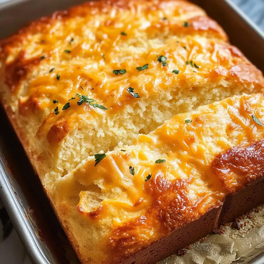 A freshly baked loaf of cheese bread with a golden crust, garnished with herbs, and partially sliced.