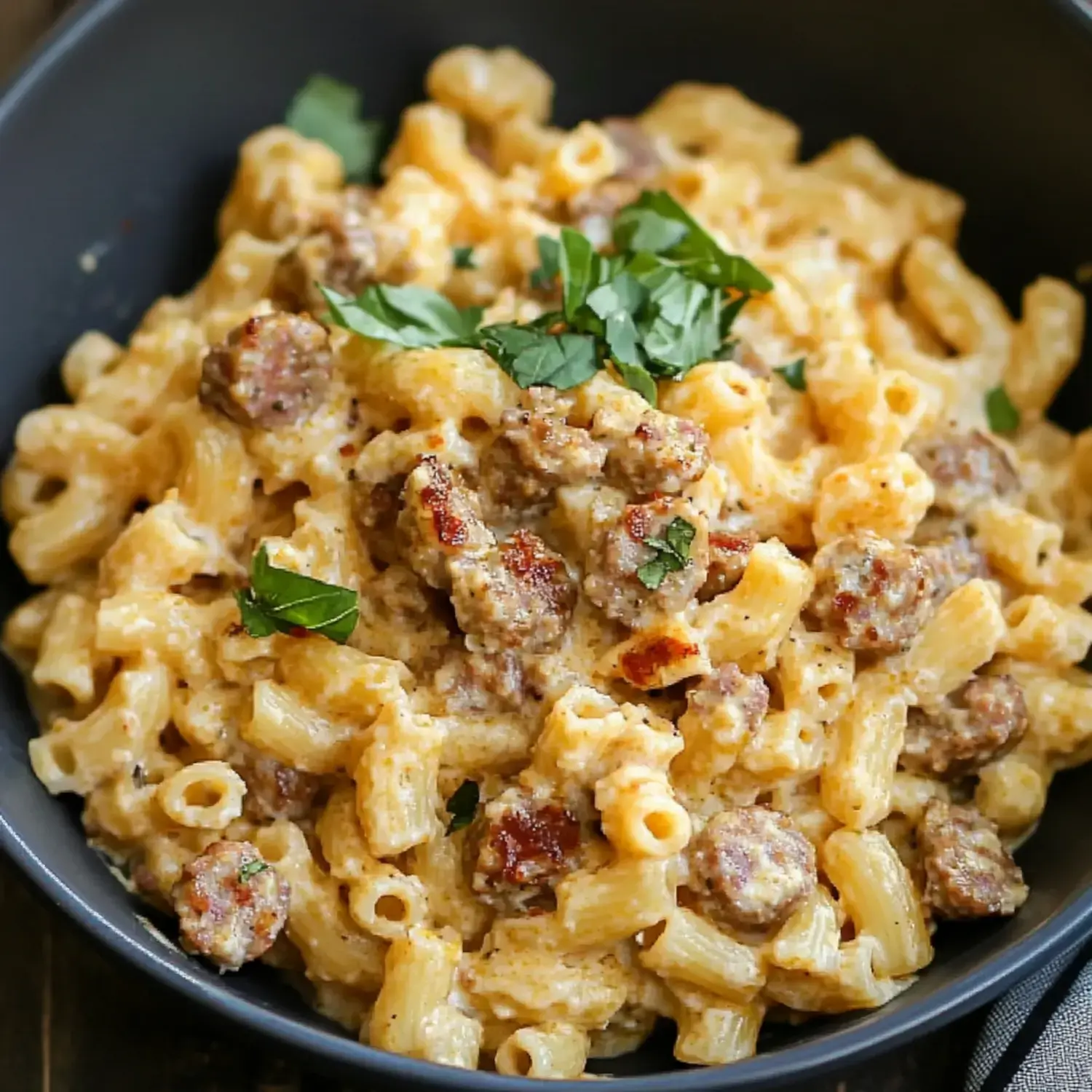 A close-up of creamy macaroni and cheese mixed with pieces of sausage, garnished with fresh parsley, served in a black bowl.