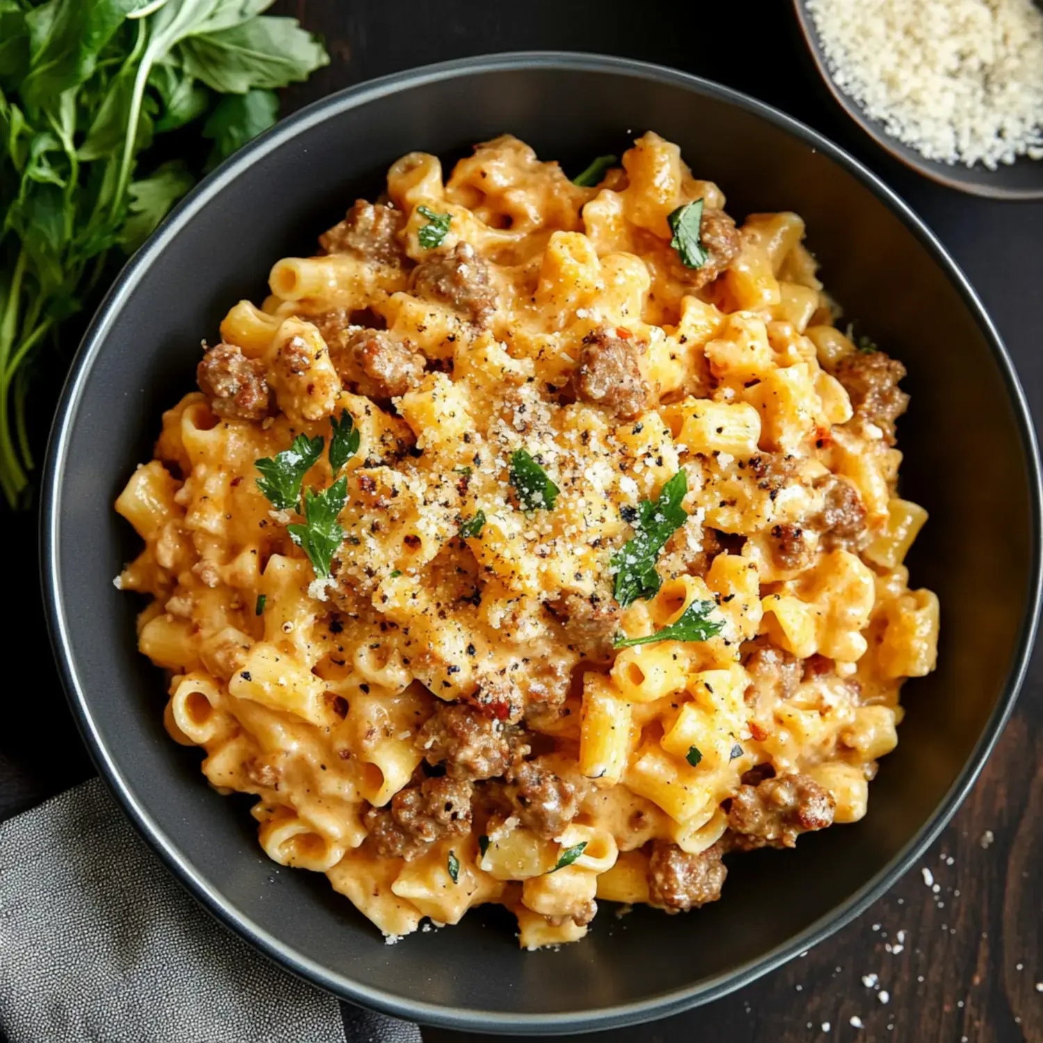 A bowl of creamy macaroni and cheese topped with ground beef, parsley, and grated cheese, set on a dark wooden surface with some fresh herbs nearby.