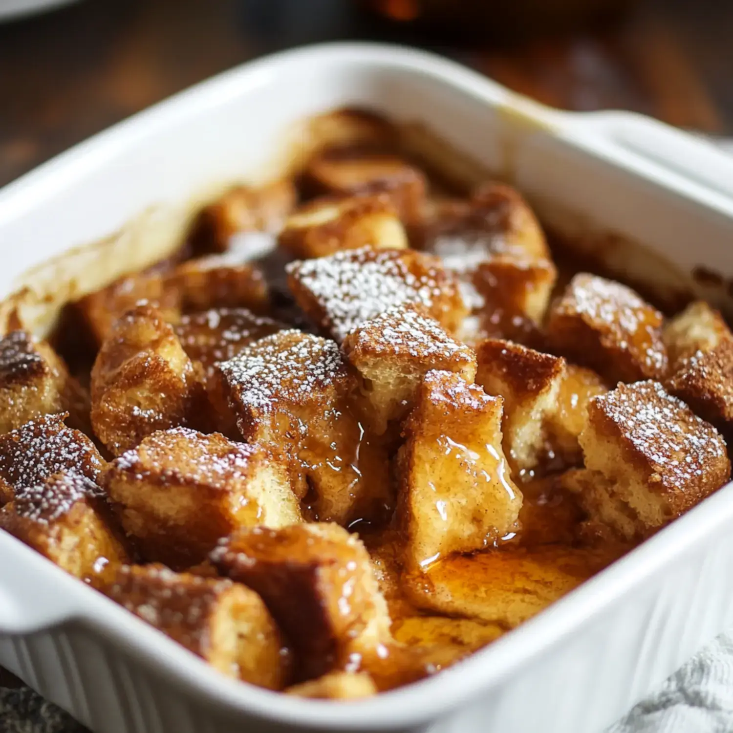 A close-up view of a baked bread pudding topped with powdered sugar and drizzled with syrup in a white dish.