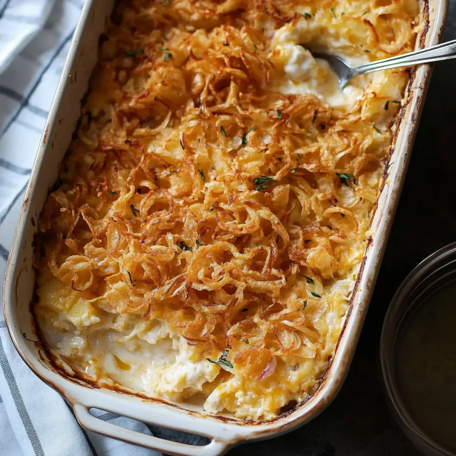 A baked casserole topped with crispy fried onions, showcasing a creamy, cheesy filling.