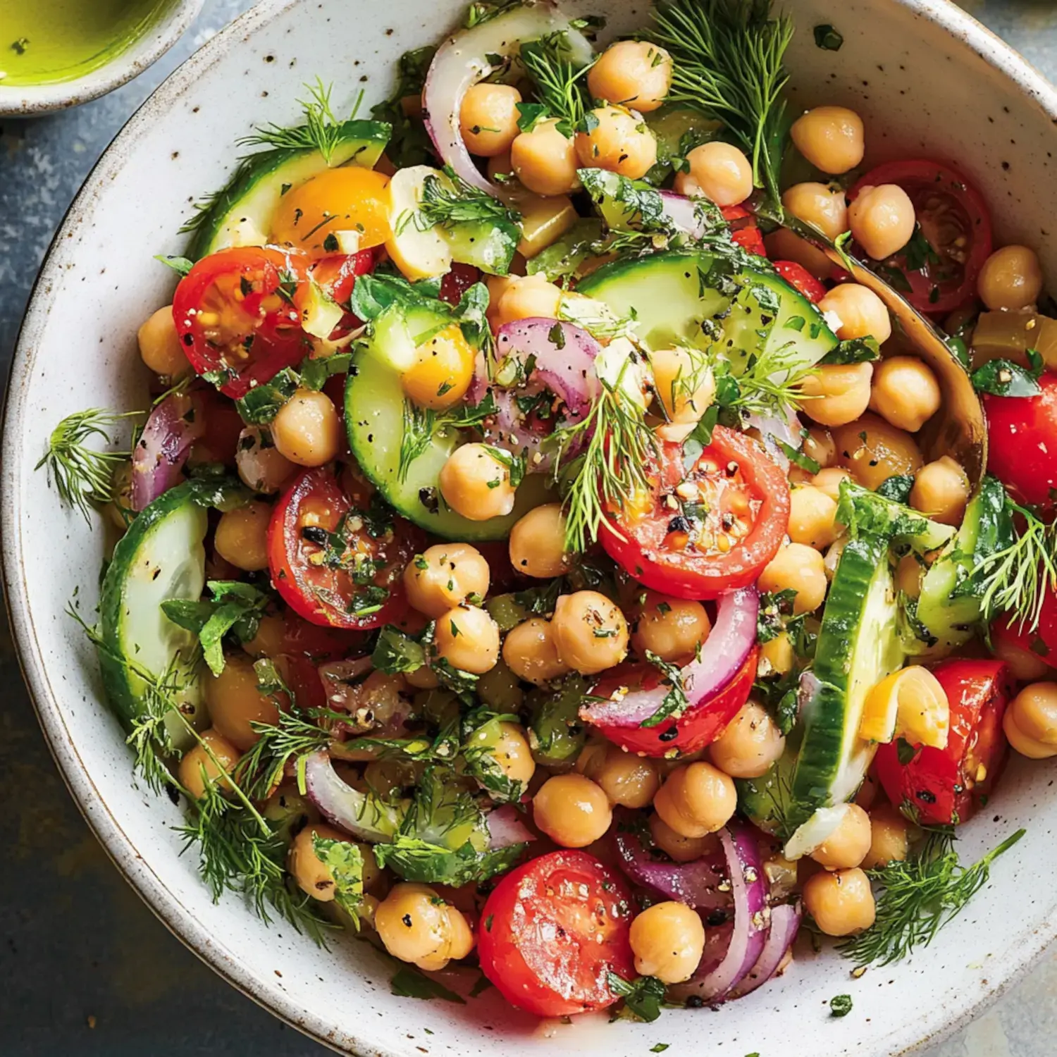 A colorful chickpea salad featuring cherry tomatoes, cucumbers, red onions, and fresh herbs, all tossed in a light dressing.