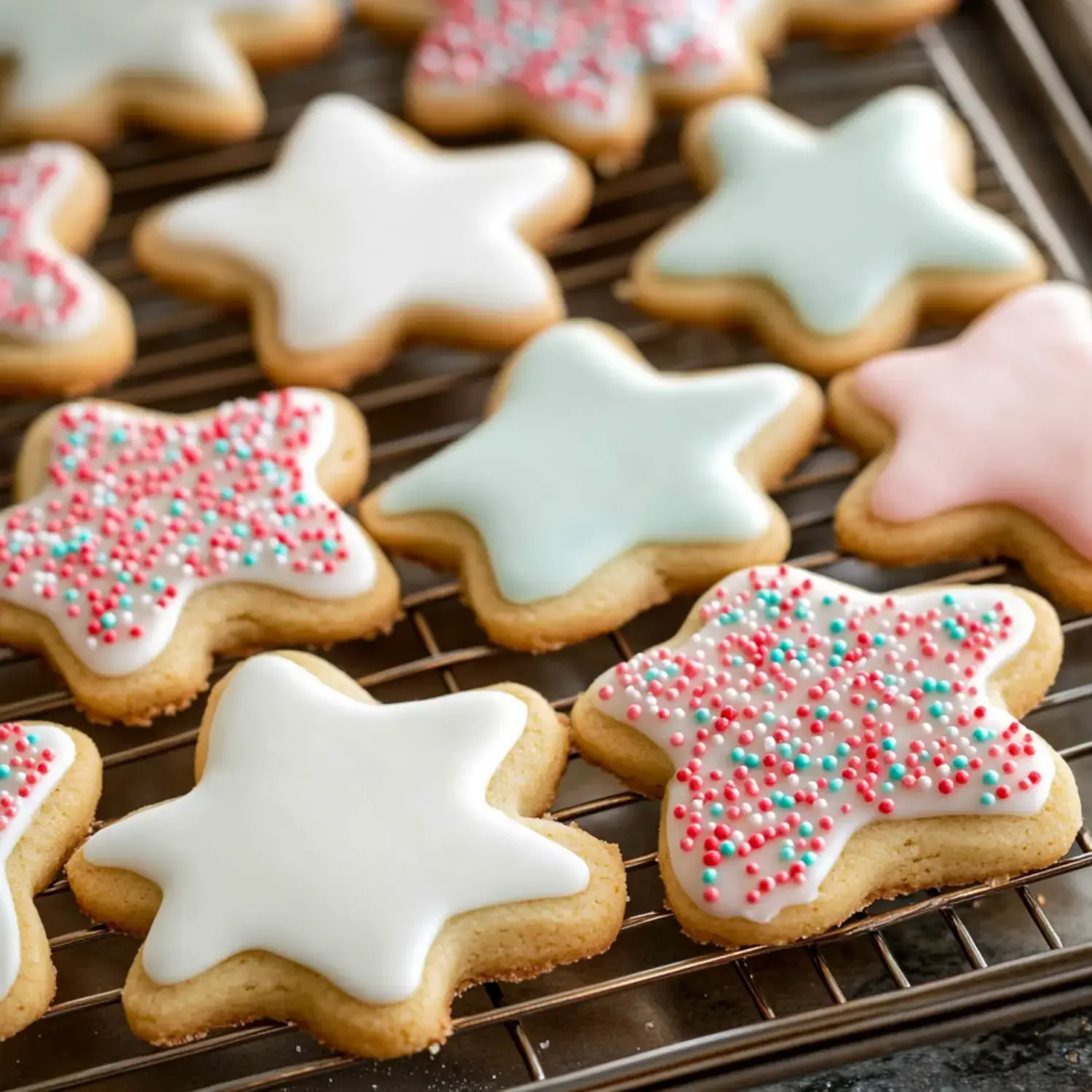 A variety of star-shaped decorated cookies in pastel colors with icing and sprinkles displayed on a cooling rack.