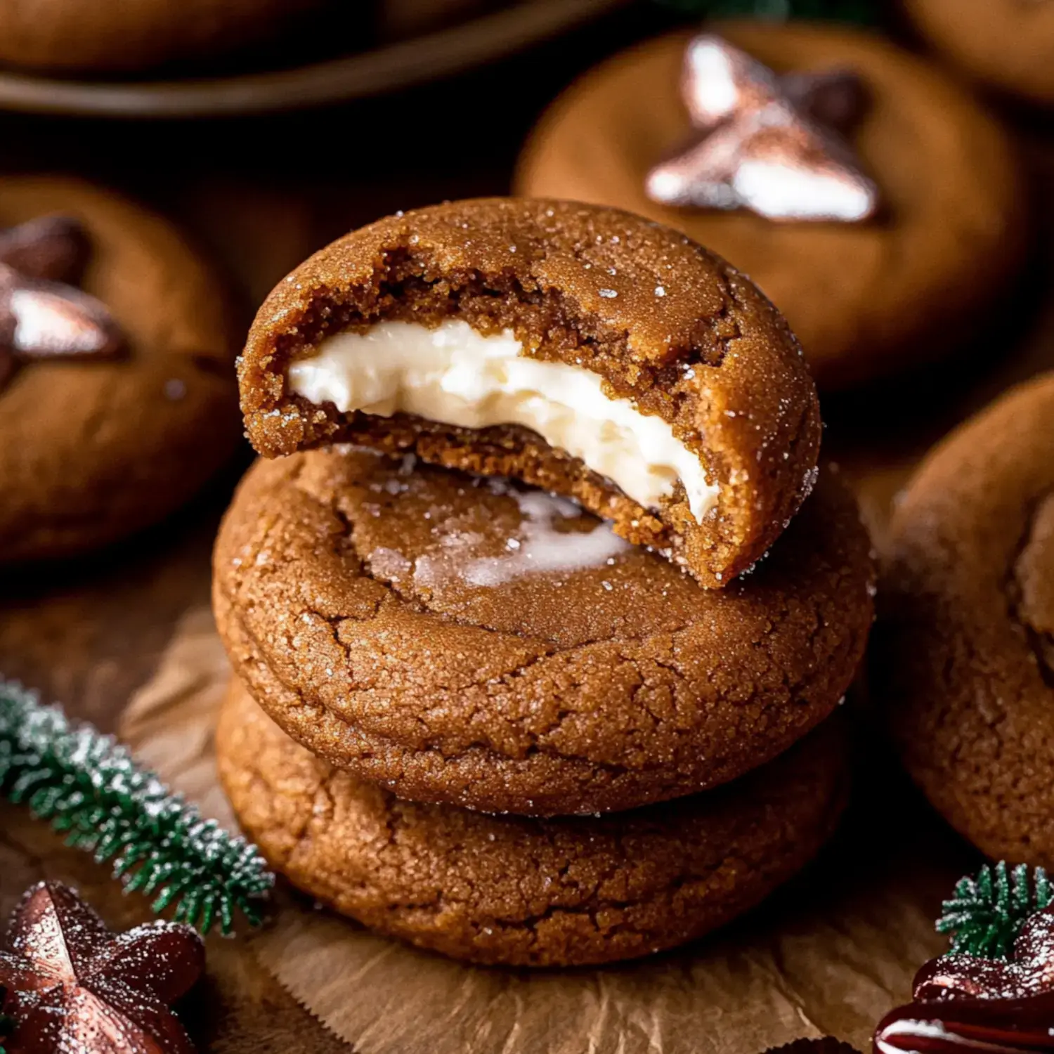 A stack of spiced cookies, with one bitten to reveal a creamy filling, surrounded by festive decorations.