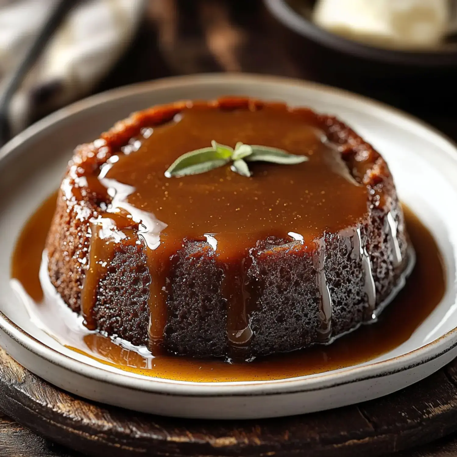 A rich chocolate pudding cake topped with a glossy caramel sauce and a sprig of mint, served on a plate.