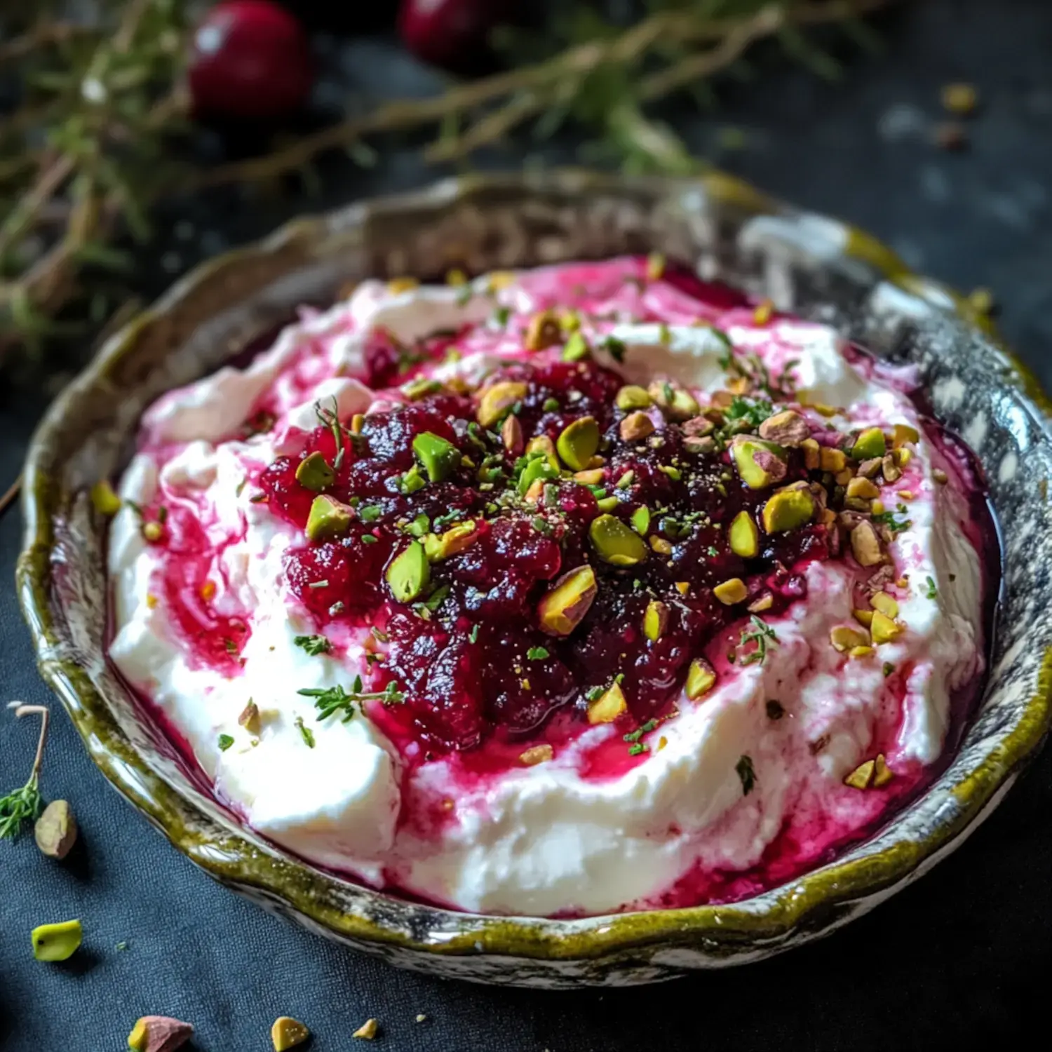 A bowl of creamy yogurt topped with a vibrant fruit compote and chopped pistachios.