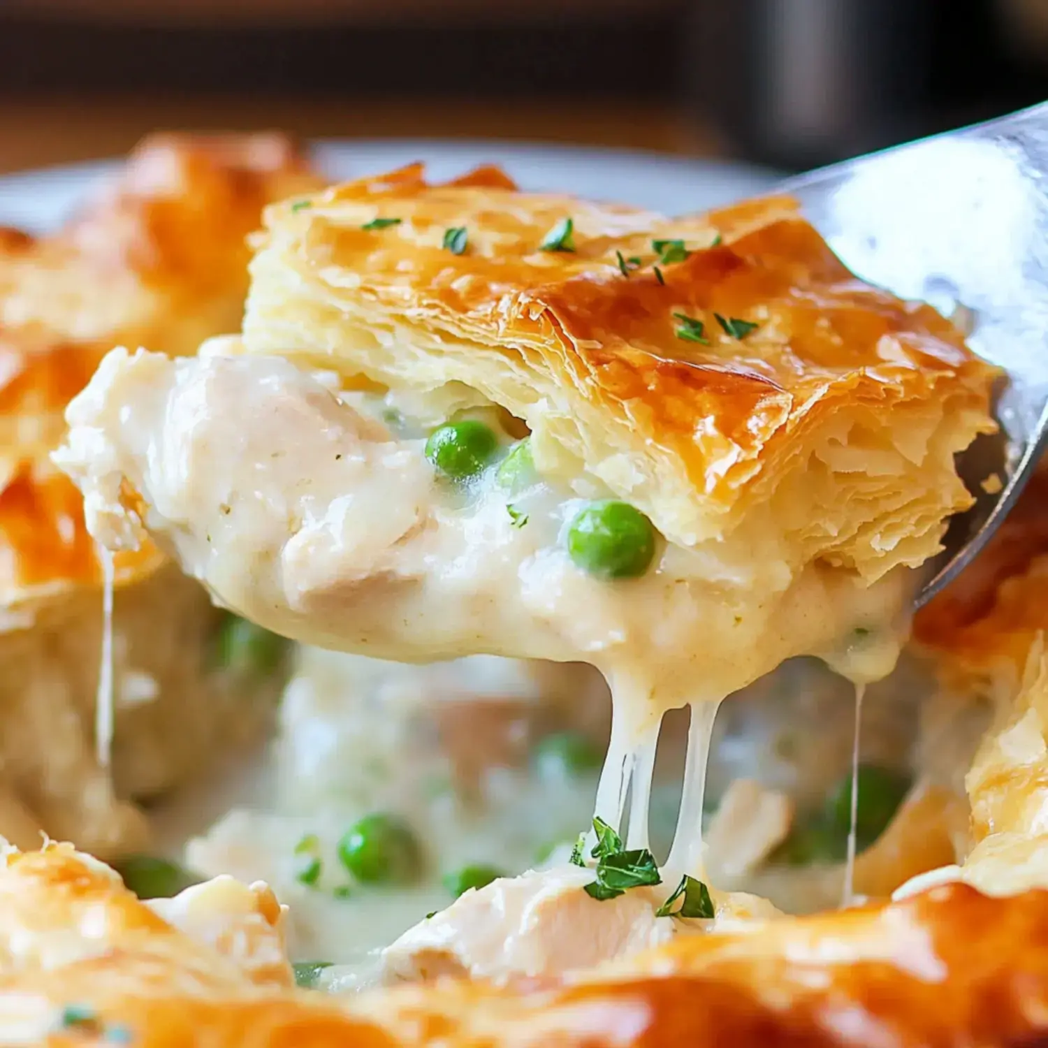 A close-up of a fork lifting a cheesy, creamy chicken filling with peas from a flaky pastry crust.