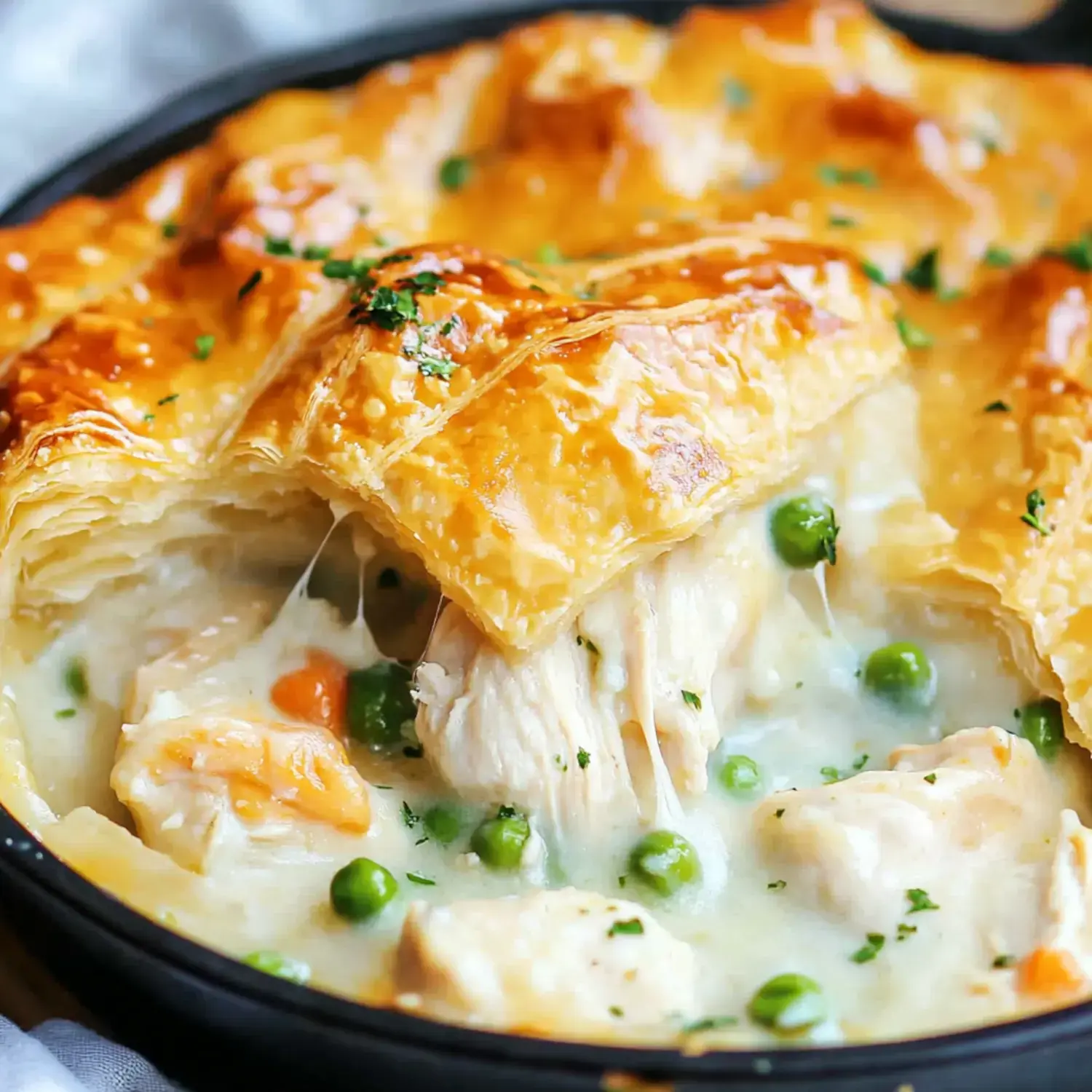 A delicious chicken pot pie with a golden, flaky crust and creamy filling featuring chicken, peas, and carrots.