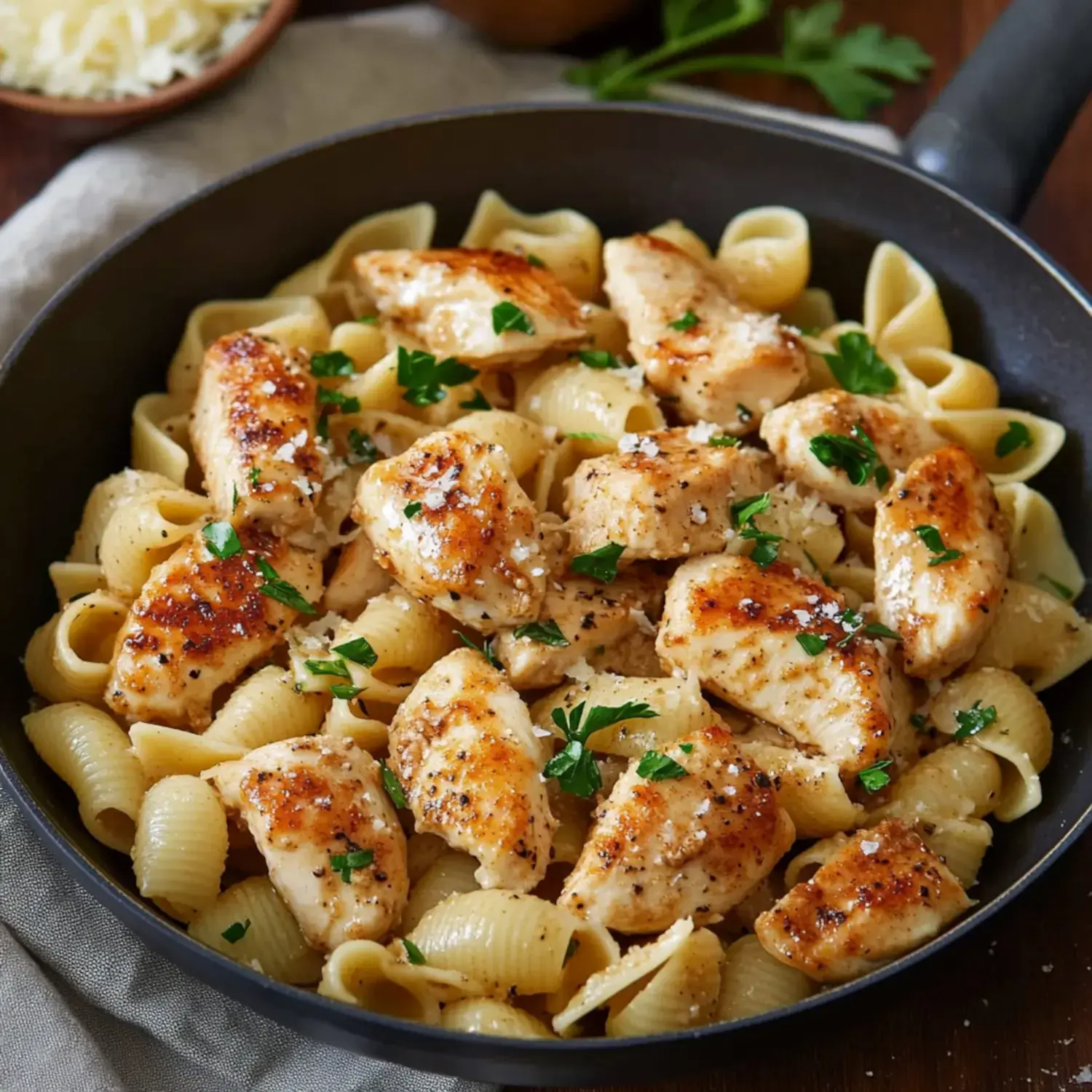 A skillet contains creamy pasta shells topped with seasoned grilled chicken pieces and garnished with fresh parsley.