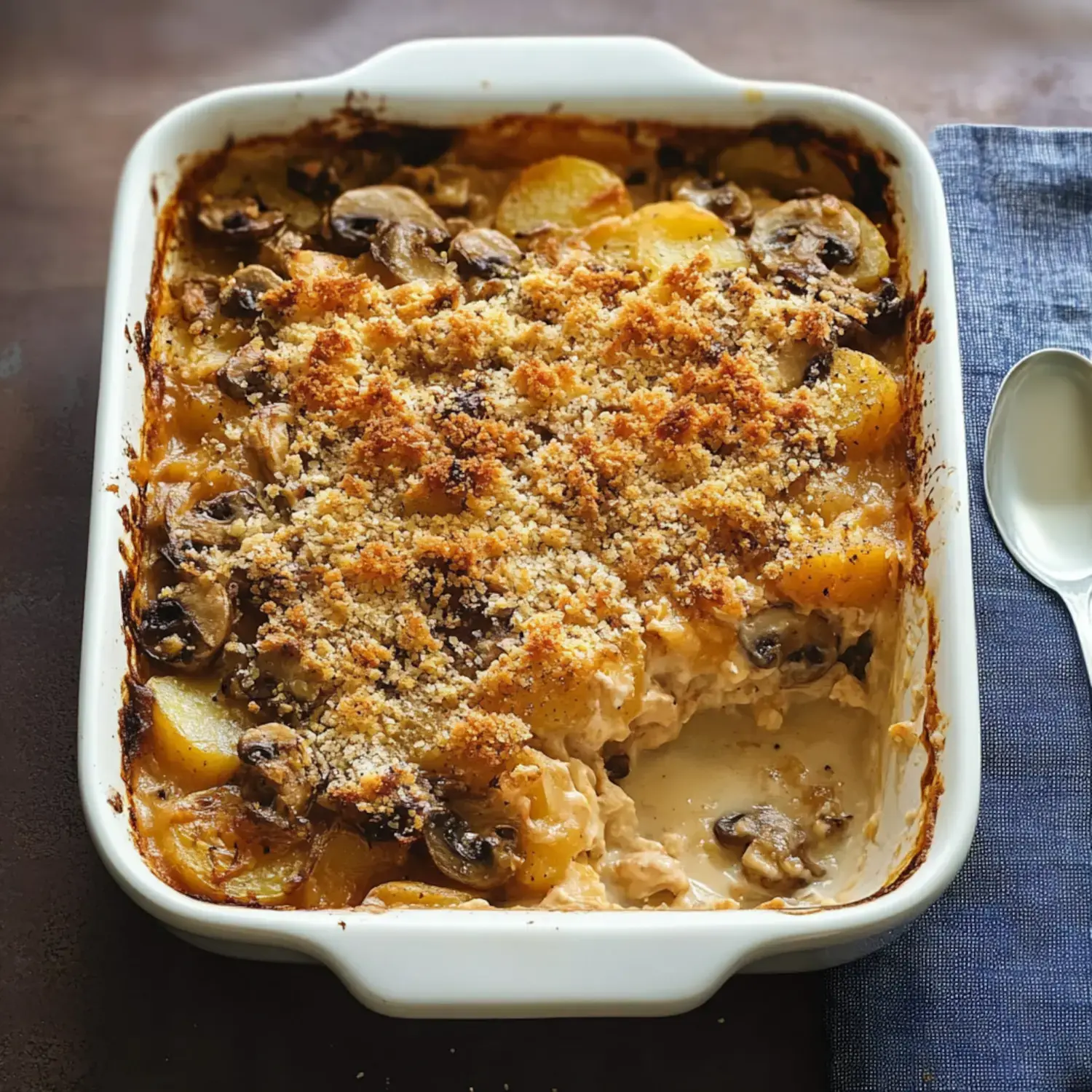 A rich, golden-topped bake showing mushrooms and potato chunks through creamy sauce, served in a white casserole dish on dark background with blue napkin and serving spoon.