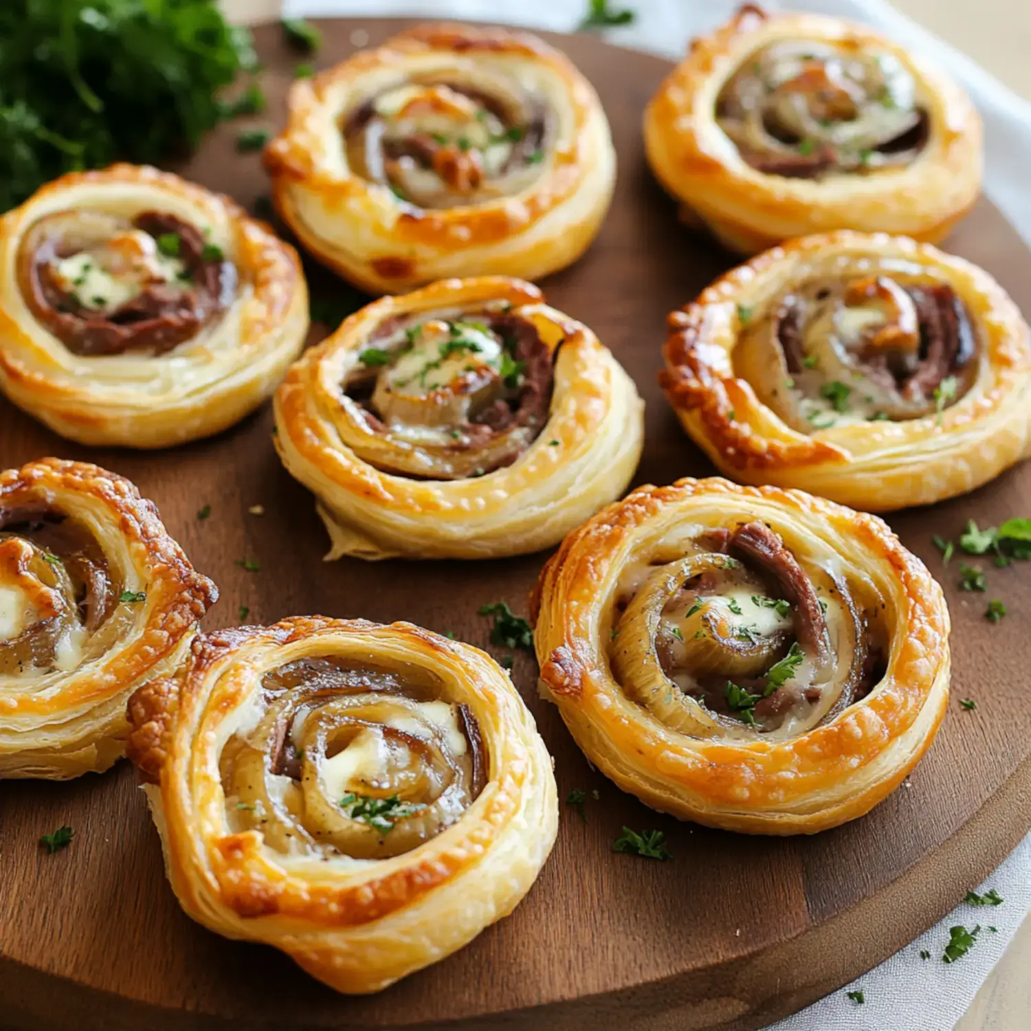 A wooden platter displays several golden, spiral pastry rolls filled with meat and topped with a dollop of cream, garnished with parsley.