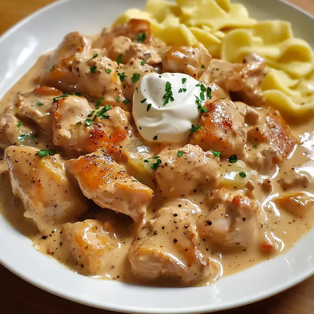 A plate of tender chicken in a creamy sauce, topped with a dollop of sour cream and parsley, served alongside egg noodles.