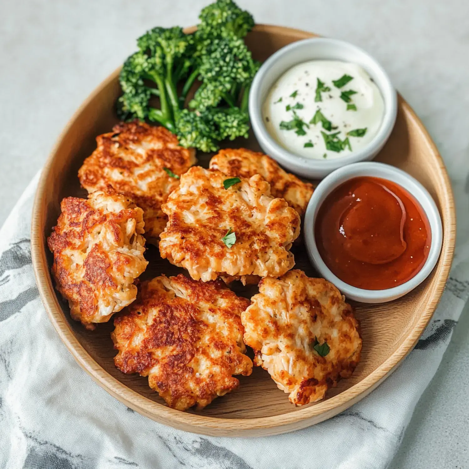 A wooden plate holds several golden-brown fritters, a serving of steamed broccoli, and two small bowls of dipping sauces, one creamy and one tangy.