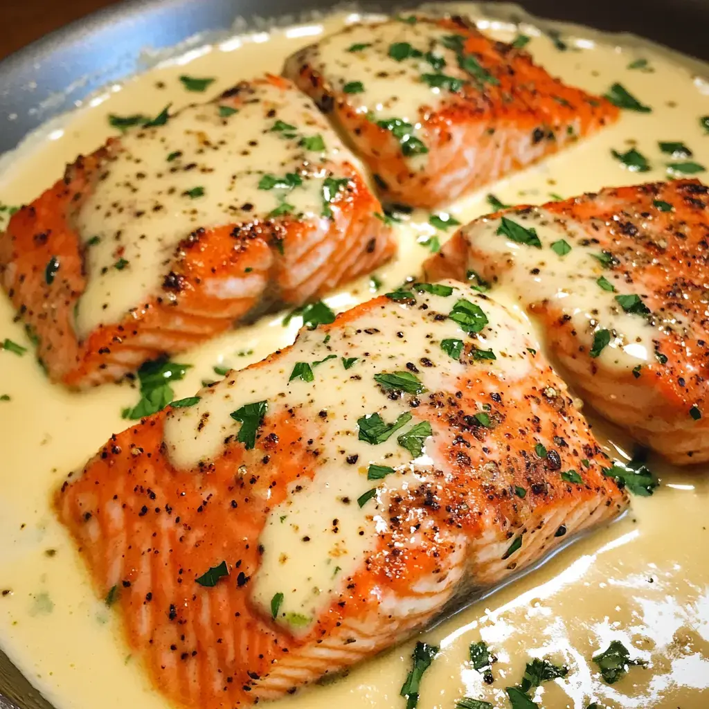 A close-up of four salmon fillets drizzled with a creamy sauce and garnished with parsley, cooking in a pan.